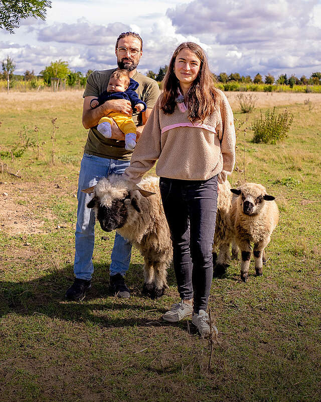 Headerbild, Familie steht auf einer Wiese mit Schafen