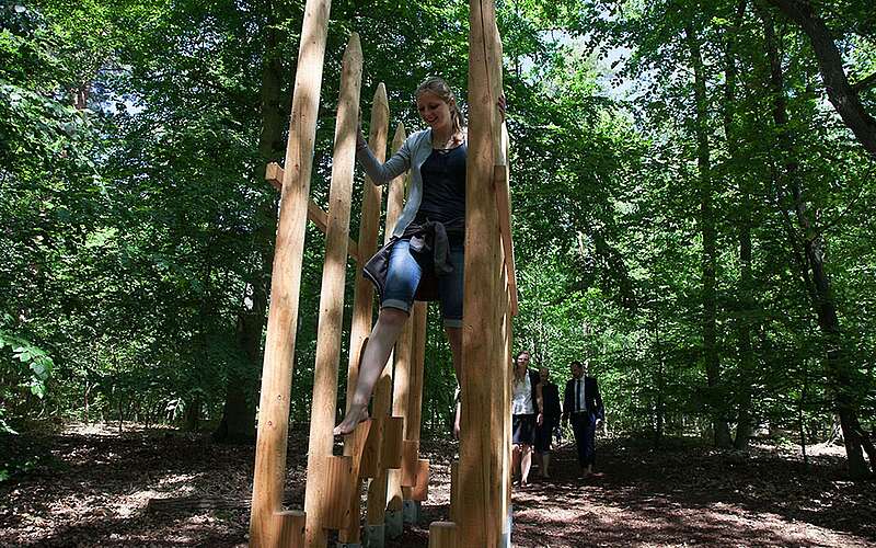 Teambuilding auf den Kletterstelzen im Barfußpark Beelitz-Heilstätten